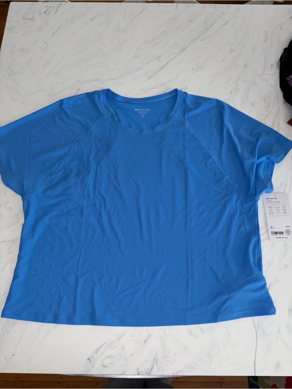Athleta solid white blue sport top shirt tee grid knit ribbed stripe xl new nwt